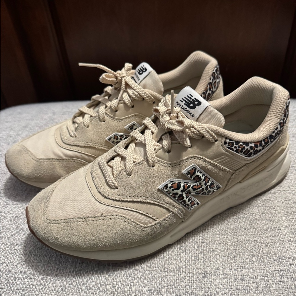 New Balance Cream Brown Sneakers with Leopard Accents